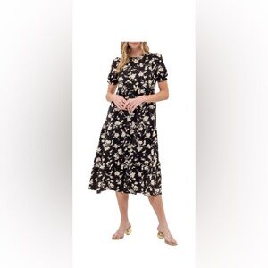 AUGUST SKY || Floral Black and Cream Midi Dress || Large